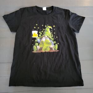 Autism Awareness Women's Black Gnomes Shamrock St Patricks Day Tee Top Size L
